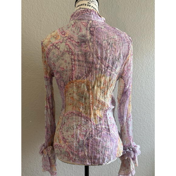 MK Solo Crinkle Sheer Hippie Pattern Purple Blouse Size M Boho Romantic Y2K - Picture 4 of 9